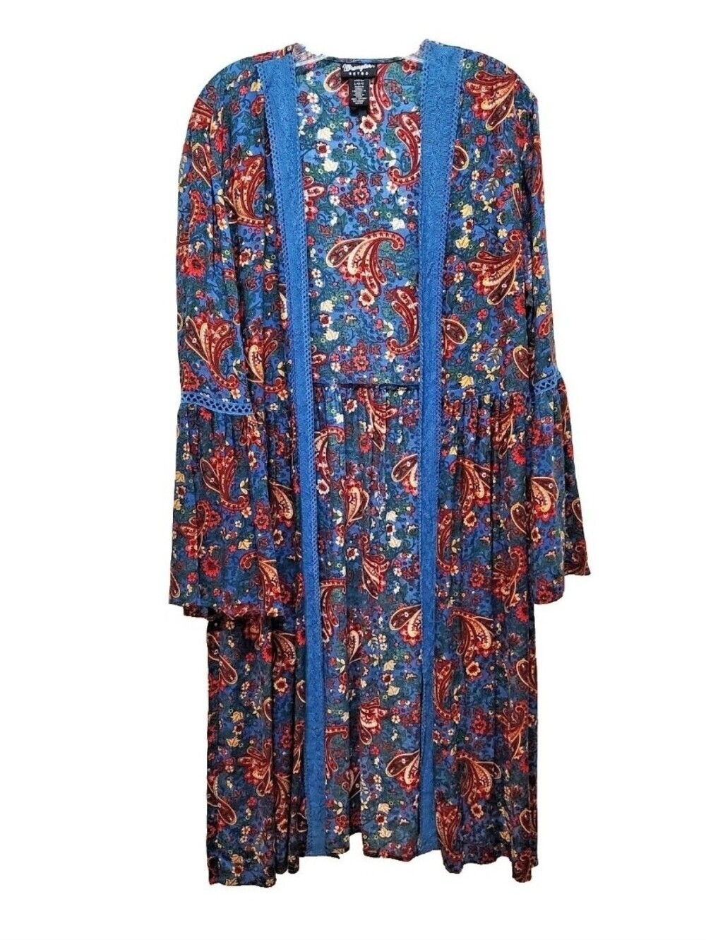 Wrangler Retro Kimono Duster Women Paisley Bell Sleeves Crochet Boho Cottagecore